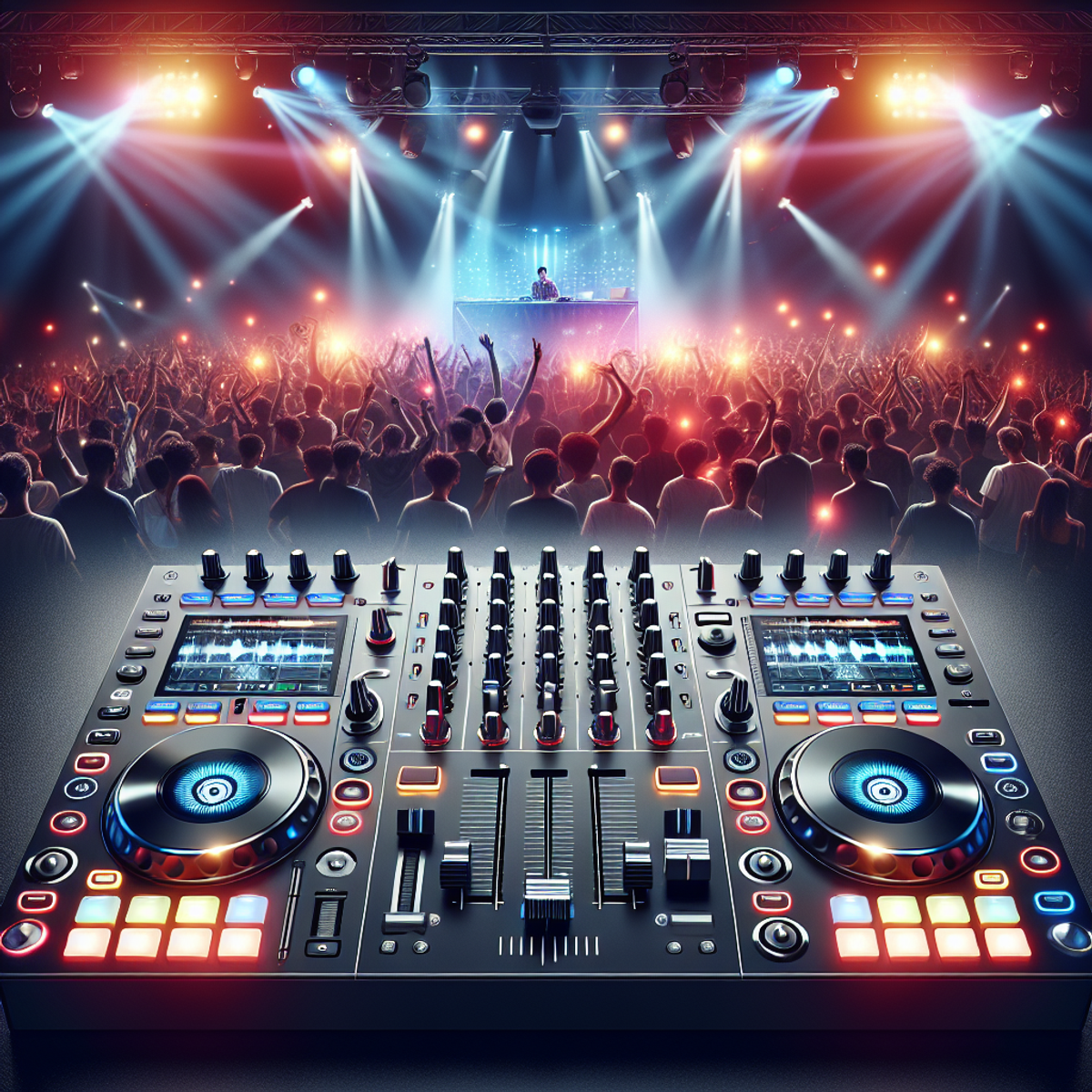 A DJ performing at a concert with a crowd and vibrant lights.