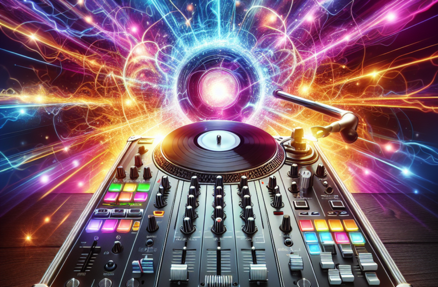 A realistic DJ controller surrounded by vibrant, electrified light beams and an open vinyl record case.